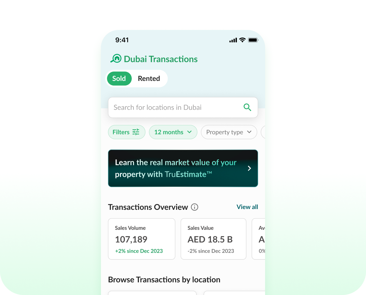 Dubai Transactions app — sales volume, transactions overview, and browse transactions by location